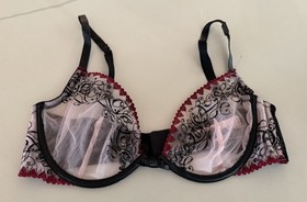 Victoria&rsquo;s Secret Love Letters Unlined Demi Bra Black Satin White Mesh 36C NWT