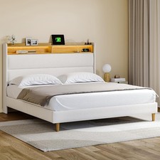 Queen Bed Frame with Storage Headboard  Charging Station Type-C  LED Lights
