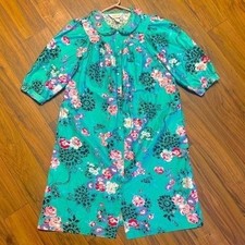 Carriage Court Vintage Teal Floral Cotton Duster Robe Snap Front L 16-18