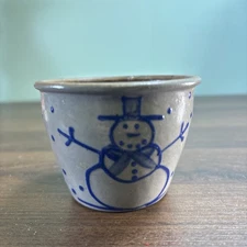 Vintage Beaumont Brothers SNOWMAN Pottery MINI CROCK Stoneware Salt Glazed