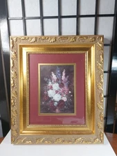 Vintage Still Life Floral Print Gold Frame Under Glass 12.5"×14.5 Outside Frame 