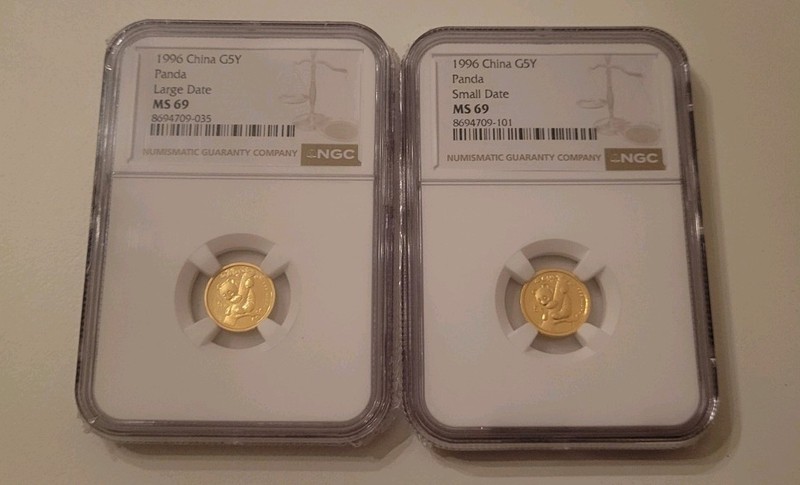 China 1996 5 Yuan Gold Panda Large/small Date KM#919 NGC MS69 .999