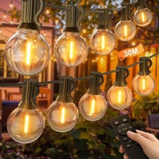 BokiHuk LED Lichterkette 30m mit Fernbedienung, Dimmbar, G40 Warmweiß 50er Set
