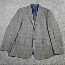 Jos A Bank 1905 Sport Coat Mens 46R Gray Blue Plaid Tailored Linen Wool Blazer