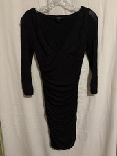 GUESS Black V-Neck Ruched Sides Long Sheer 3/4 Sleeve Midi Dress