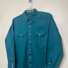 Wrangler Shirt Mens 16.5-34 Green Snap Long Sleeve Western Vintage USA