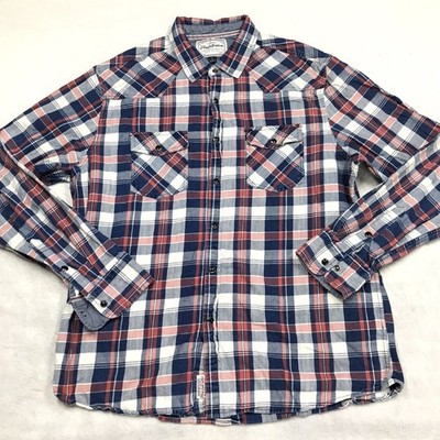 FLAG & ANTHEM Western Flannel Shirt Men L Red White Blue Plaid Pearl Snap Cowboy