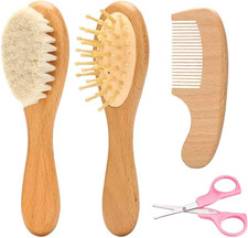 Goat Baby Hair Brush Set, Wooden Comb Massage Scalp Comb, Safe Natural Hair Care