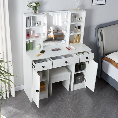 Vanity Desk with 10LED Lights Mirror 3 Drawers Dressing Table w/ Stool Cabinets - Picture 1 of 9
