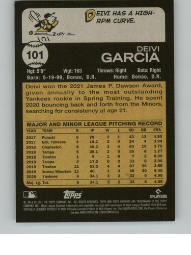 2021 Topps Archives Deivi Garcia 101 Rookie RCNew York Yankees - Picture 2 of 2