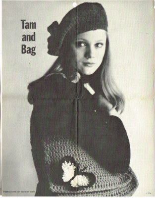Crochet Pattern Leaflet Tam Hat Bag Purse 1970's VTG Single Page American Thread
