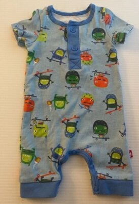 Zutano Baby Boy Newborn Blue Skateboarding Monsters Cotton Summer Romper  1pc
