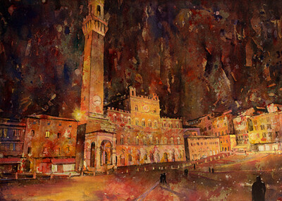 Siena, Italy watercolor painting.  Fine art watercolor of Il Campo Siena Italy
