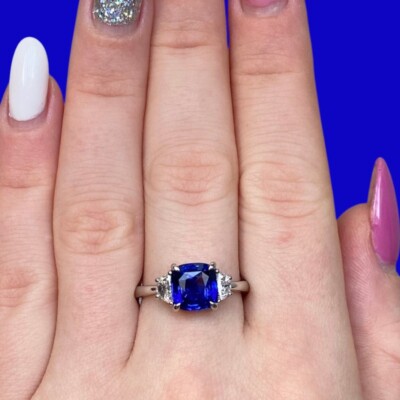 Black Friday Diamond Ring Lab Grown Cushion 4.60 Ct Blue Sapphire 18K White Gold