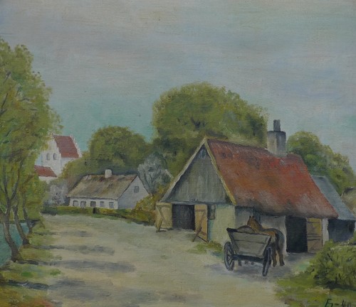MONOGRAMA DESCONOCIDO / CARRETERA DEL PUEBLO CON CARRO DE CABALLOS / PINTURA AL ÓLEO FECHADA 1940 - Imagen 3 de 9