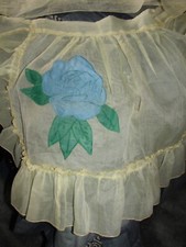 LADIES VINTAGE YELLOW SHEER NYLON FANCY HOSTESS RUFFLED HALF APRON W/ BLUE ROSE