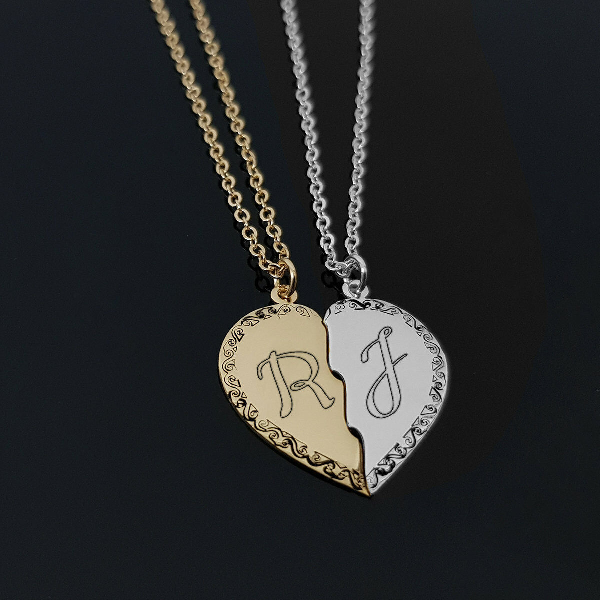 Couple's Engravable Two Halves of One Heart Pendants Set (2 Names)