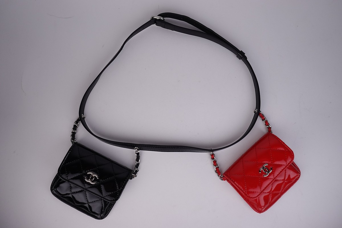 CHANEL ベルトバッグ カード Chanel Patent Quilted Belt In Love Double Mini Flap Waist