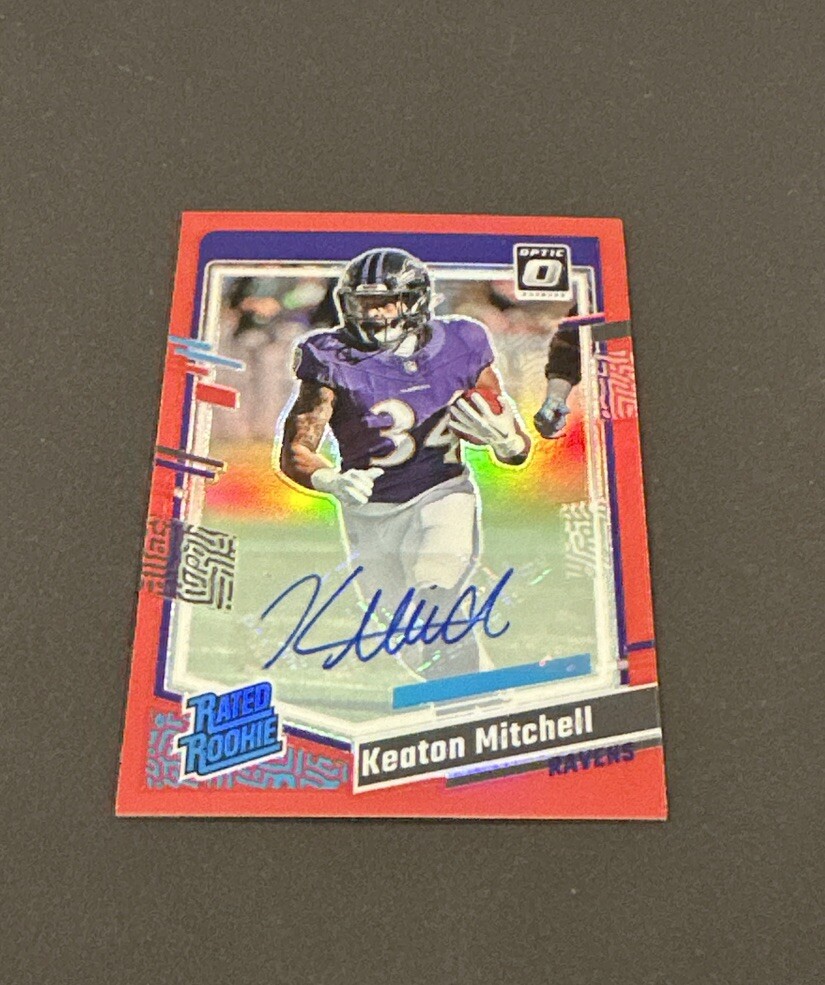 2023 DONRUSS OPTIC KEATON MITCHELL RATED ROOKIE RED PRIZM AUTO RC #’d 20/75!