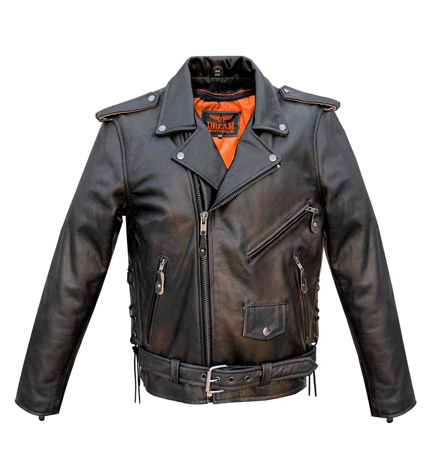 Chaqueta de moto de cuero marrón retro para hombre águila en relieve transporte oculto Foto 2 de 4