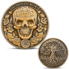 Memento Mori Coin Skull & Tree of Life Design Memento Vivere Theme Display Case