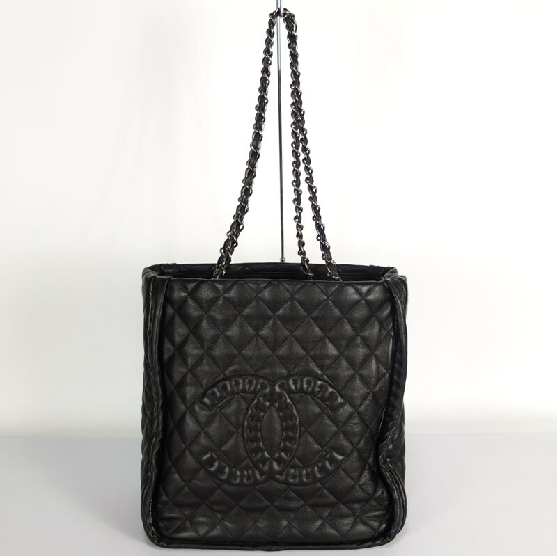 Chanel Chain Tote Bag Matelasse Coco Mark Black Leather