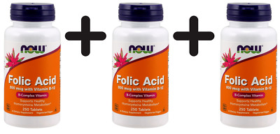 3x Now Foods, Folic Acid with Vitamin B-12, 800mcg, 250 Tabletten
