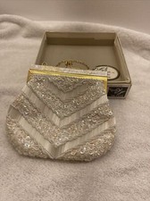 La regale hand made white sequin purse clutch metal strap vintage