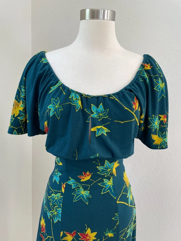 Vestido Pinup Couture para mujer XS verde azulado floral ojo de cerradura frontal manga corta Foto 2 de 4