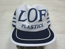 VTG New 3 Stripe Mesh Trucker Work Hat LOF Plastics USA Made Libbey Owens Ford