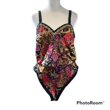 Vintage California Dynasty Floral Satin Teddy Bodysuit Lingerie Black Multi S