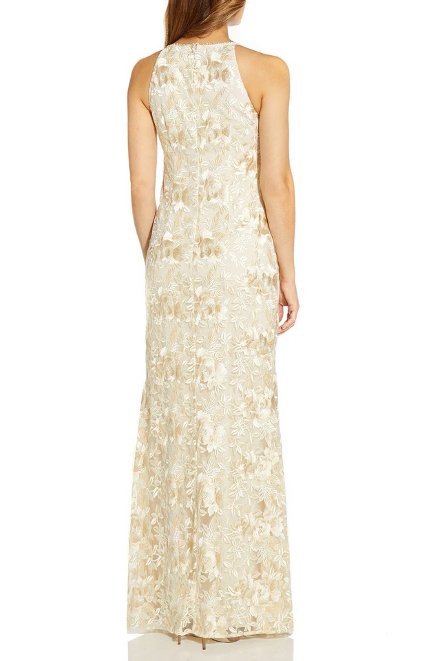 Adrianna Papell Dress Ivory Floral Embroidered Halter Neck Gown Size 8 - Image 3 of 4