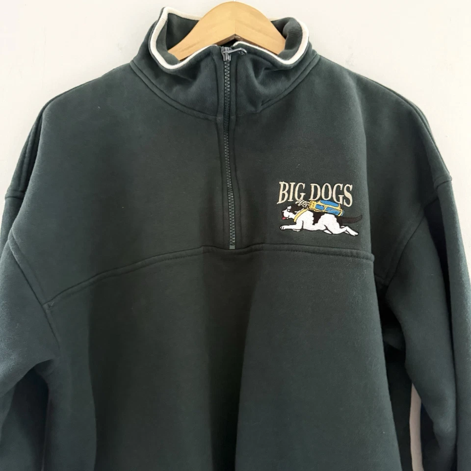 Moletom Big Dogs masculino verde escuro 1/4 com zíper vintage década de 1990 tamanho grande excelente estado usado - Imagem 4 de 4