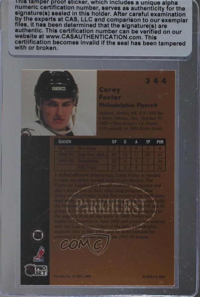 CAS Certified 1991-92 Parkhurst Corey Foster #344 Sealed Auto Rookie RC - Image 2 of 2