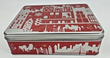 PLANTERS Peanuts Holiday City Skyline Tin Box Red/Silver Mr. Peanut Collector's