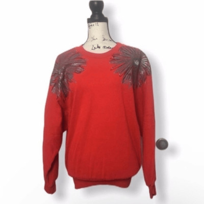 Suzy Phillips Vintage Red Embellished Sweater Size L Crewneck Pullover