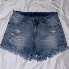 Stretch Jean Hi-Rise Festival Denim Shorts Distressed Size L 31  waist Frayed Hem