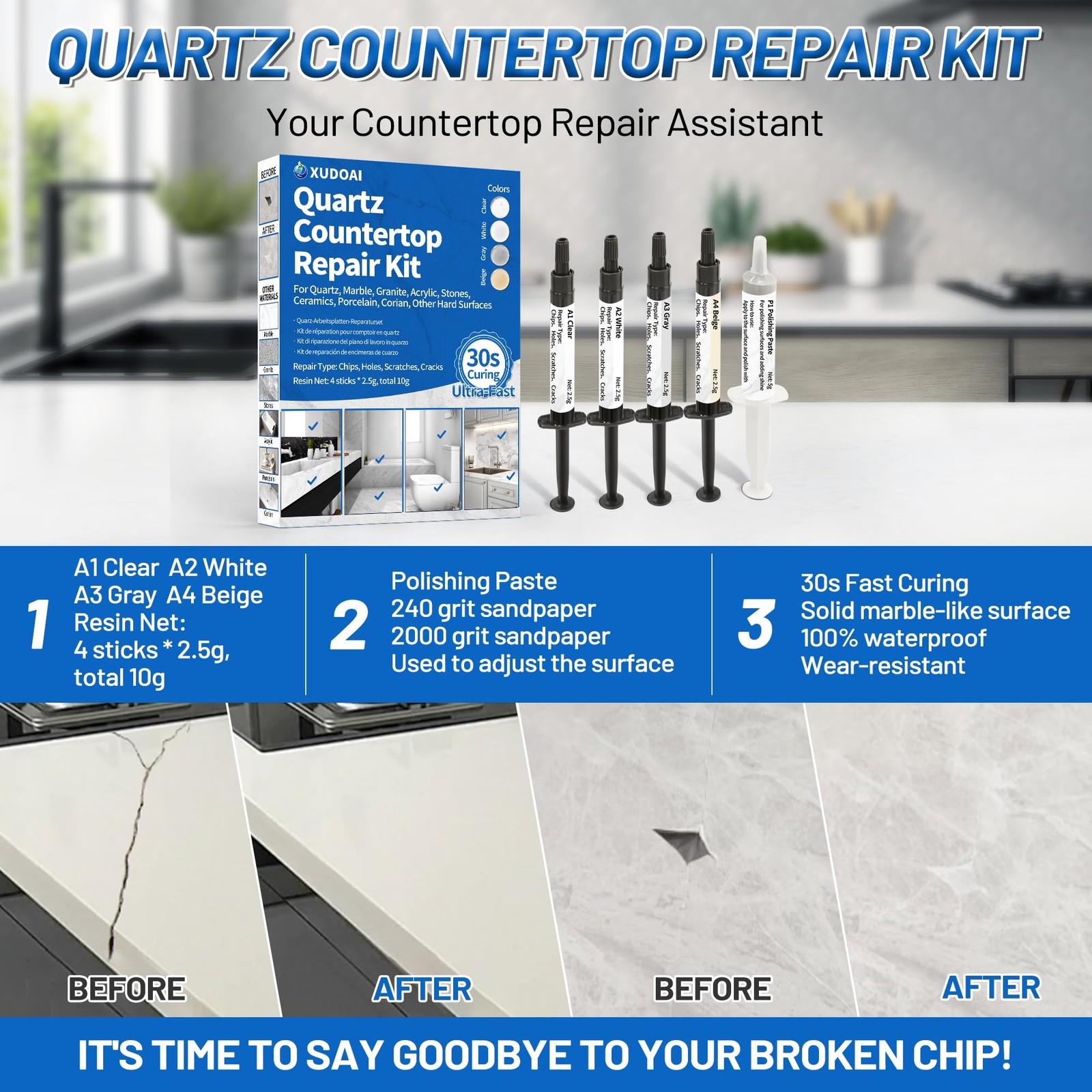 Quartz Countertop Repair Kit (Clear, White, Gray, Beige) 30s Fast Curing DIY ...