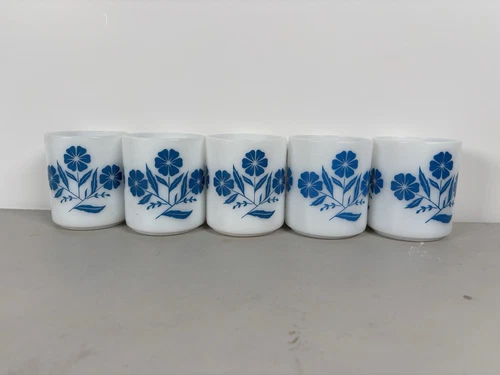 Vintage Corning Ware Blue Cornflower Mugs – Set of 5 – Milk Glass Coffee Cups