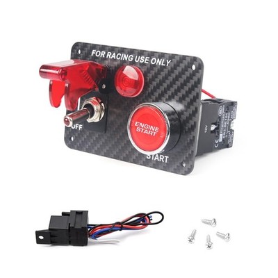Carbon Fiber 12V 2 in 1 Ignition Switch Panel Engine Start Push Button LED