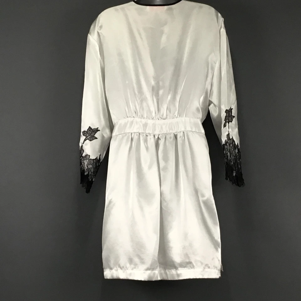 Oscar de la Renta Robe 女式大号白色黑色蕾丝缎面和服粉色标签 — 第 2/4 张图片