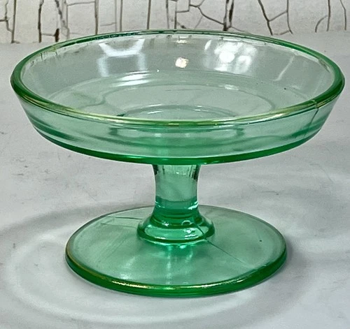 Vintage Green Uranium Depression Glass Pedestal Bowl/ Candy Dish- 3” Tall