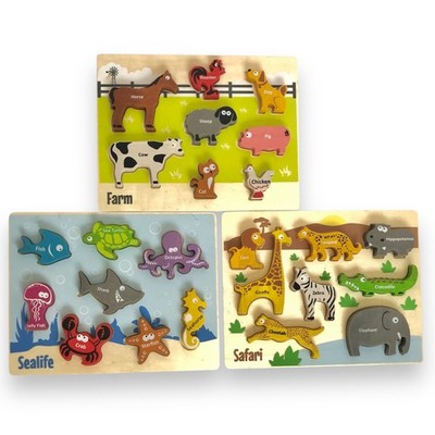 Set Of 3 Begin Again Wood Animal Puzzles Safari Farm Sea life Learning Day Care
