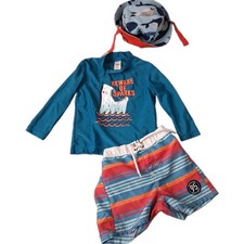 Oshkosh Bgosh Boys Swim Set Size 24m Rash Guard Top Trunks Shark Beach Ocean Hat