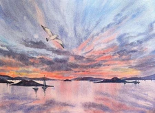 Original Painting Landscape Modern Artwork SKY SEA LAGUNA BEACH BIRD Seascape A4