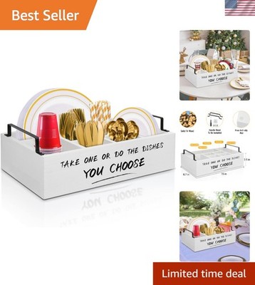Elegant White Wooden Paper Plate Dispenser and Utensil Organizer for Events