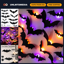 100 PCS Halloween Bat Stickers - Lighted 3D Wall Decor, Purple Orange Lights,