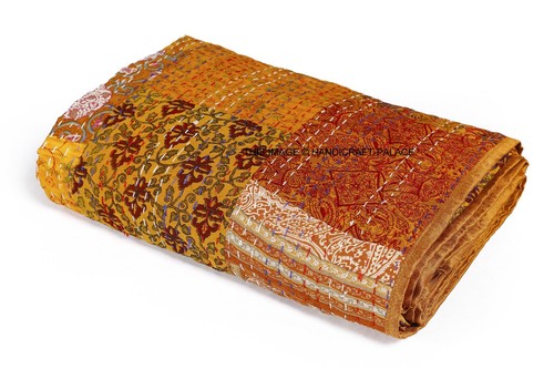 Indian Kantha Quilt Handmade Silk Patchwork Vintage Bedding Bedspread Blanket - Picture 3 of 3
