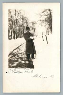 Man Playing w Snowballs ST. LOUIS O'Fallon Park RPPC Antique Winter Photo 1910s