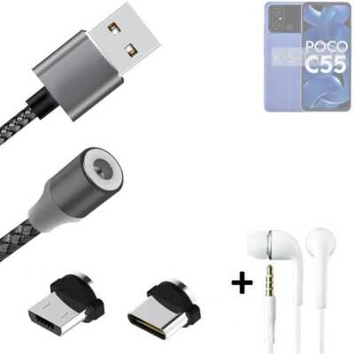 Magnet-Lade-Kabel + Kopfhörer für POCO C55 mit USB-Typ C u. Micro-USB 
